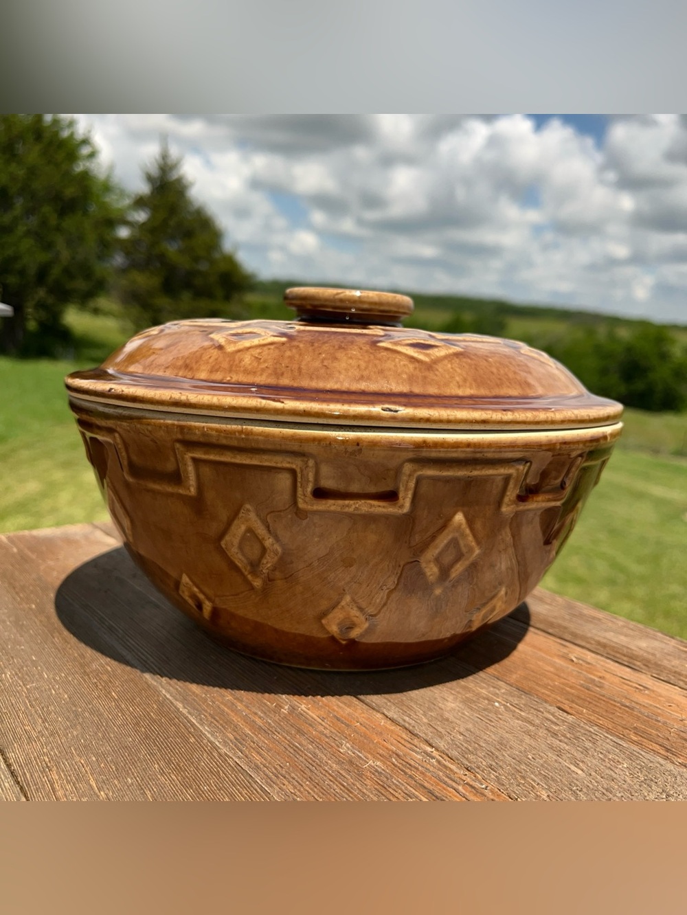 Vtg Monmouth Stoneware Pottery Bowl with Lid Brown Southwestern Diamond Pattern